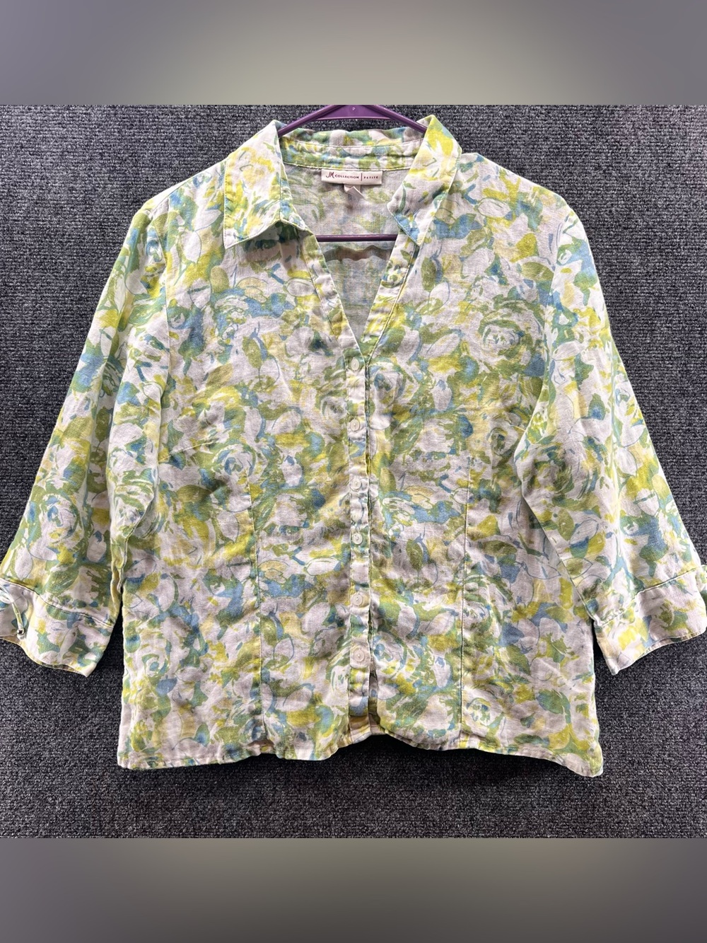 JM Collection 100% Linen Top Shirt 12 Petite Green Yellow Abstract 3/4 Sleeve